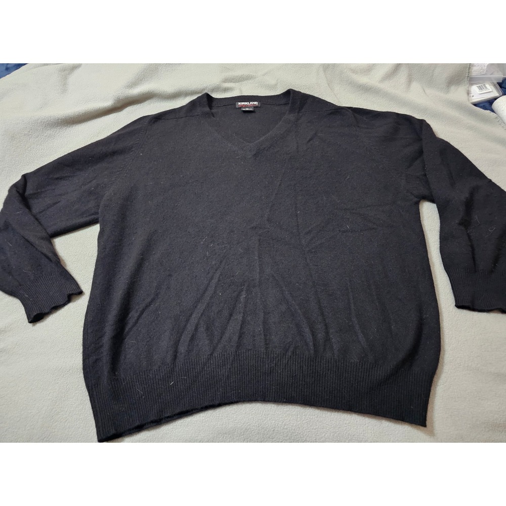 Kirkland Signature Mens Black 100% Cashmere V-Neck Knit Sweater XXL 0213